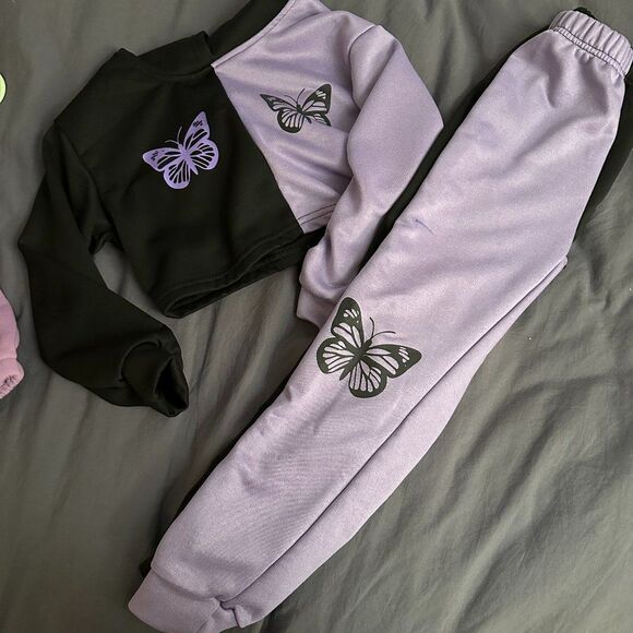 SHEIN Tween Girl Two Tone Butterfly Print Hoodie and Sweatpants Size 8 - Picture 2 of 5